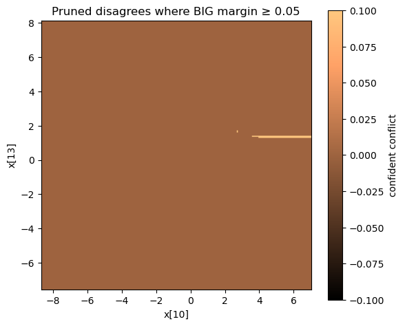 Zoomed-in view of disagreement region filtered to only high-confidence conflicting predictions